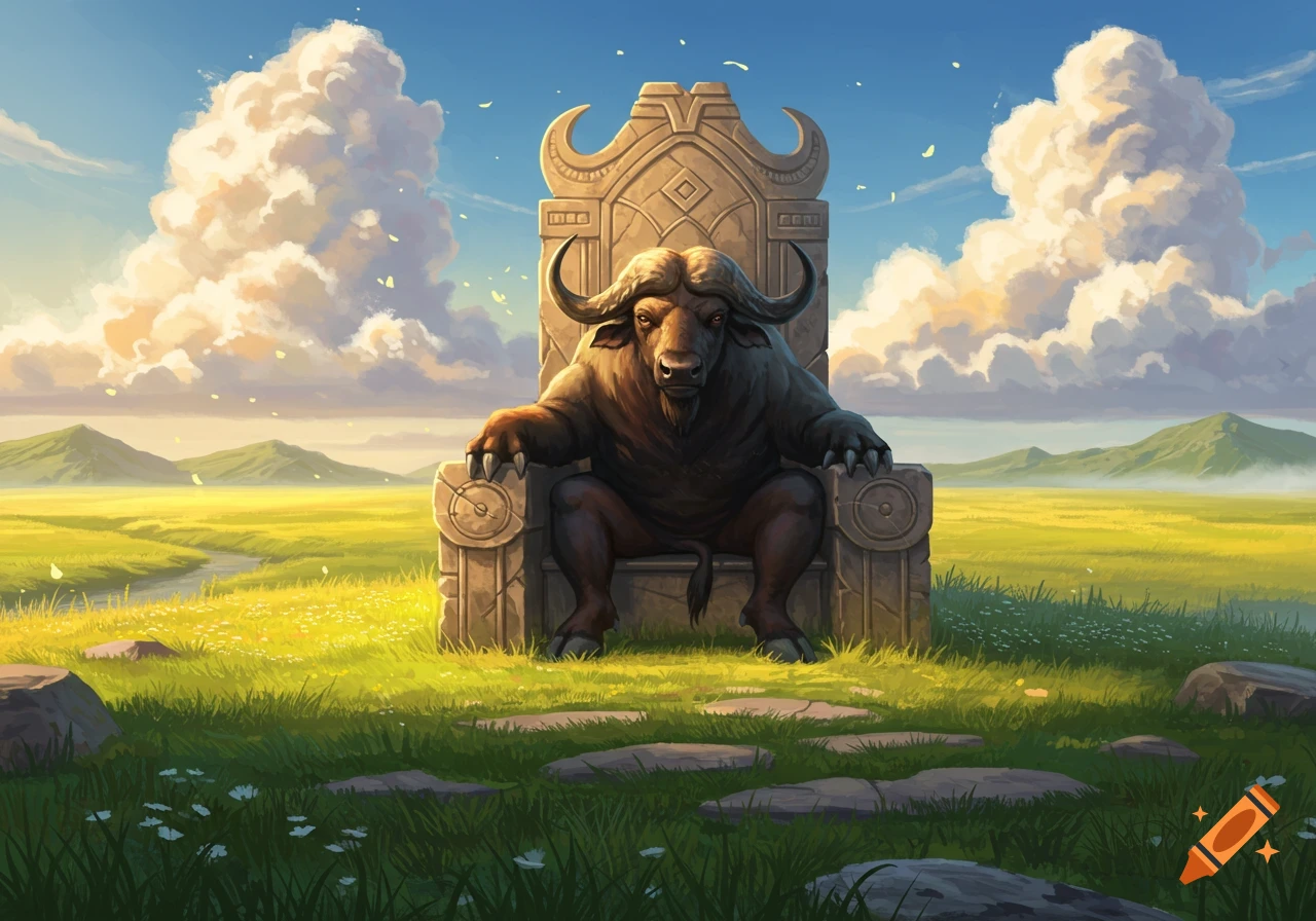 A powerful buffalo sits majestically on an ornate stone throne in a vibrant green field under a blue sky with fluffy clouds. Illustrated style.
