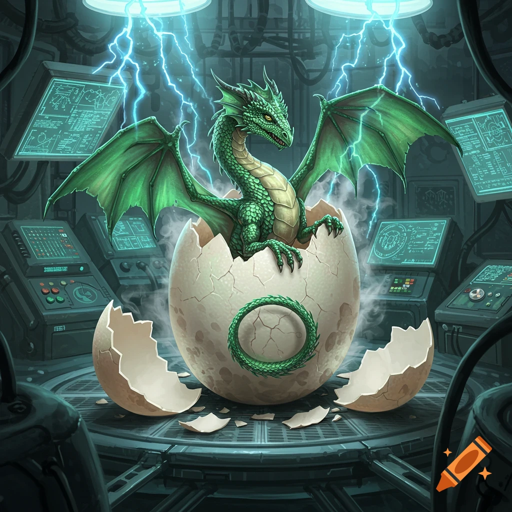 A vibrant green dragon hatches from a cracked egg in a sci-fi laboratory, surrounded by glowing screens and electric lightning.