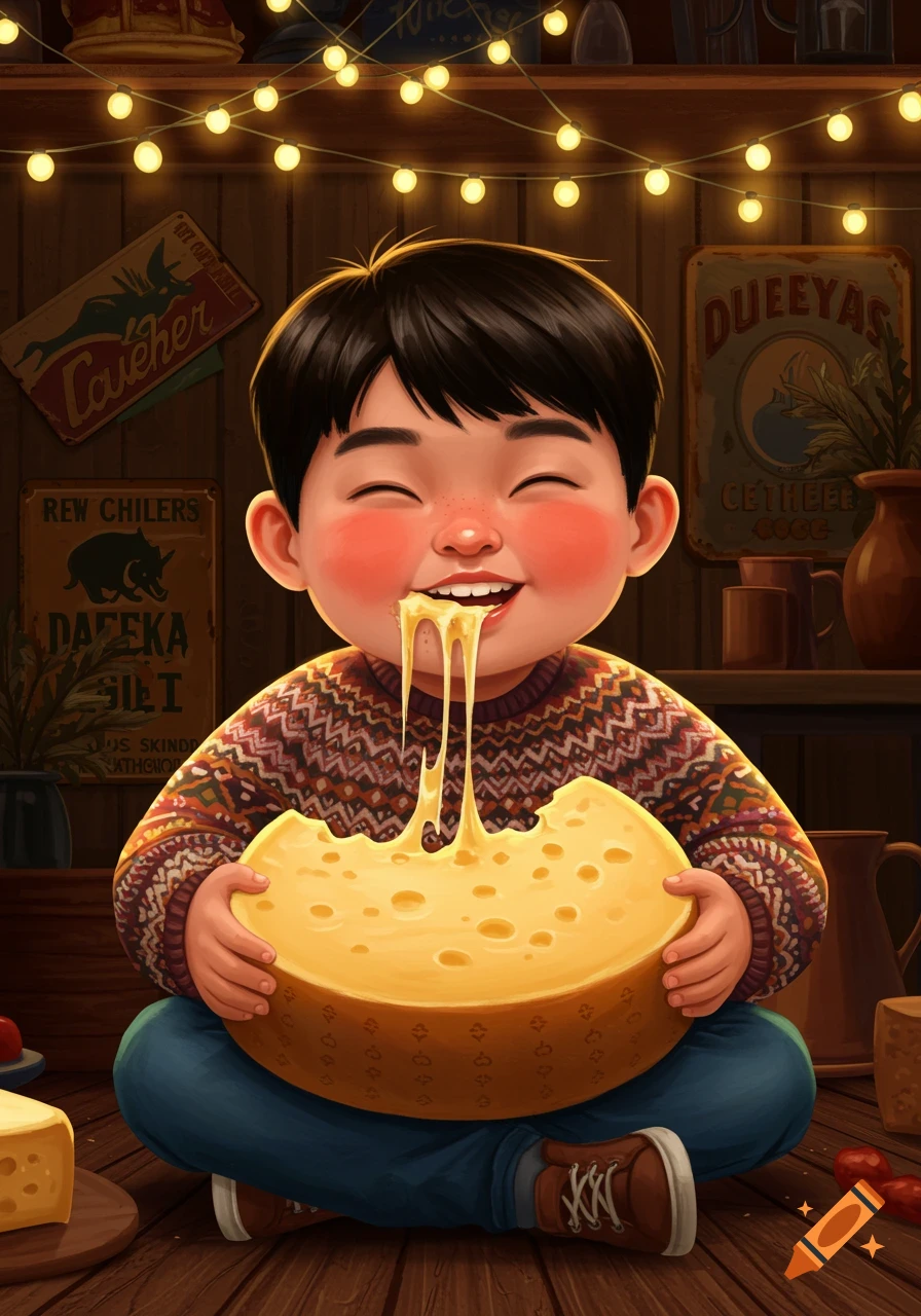 A happy Asian boy with rosy cheeks eats a large cheese wheel, with cheese stretching from his mouth. He wears a patterned sweater, sitting on a wooden floor in a cozy, rustic room with string lights.
