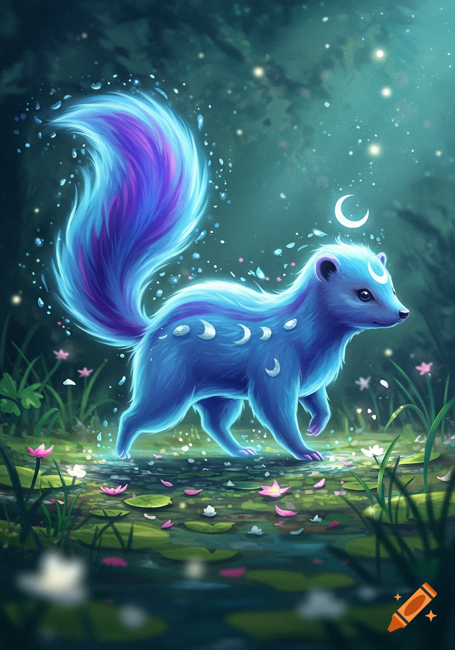A glowing blue skunk-like creature with purple stripes and crescent moon markings walks through a magical, misty forest pond with glowing flowers.