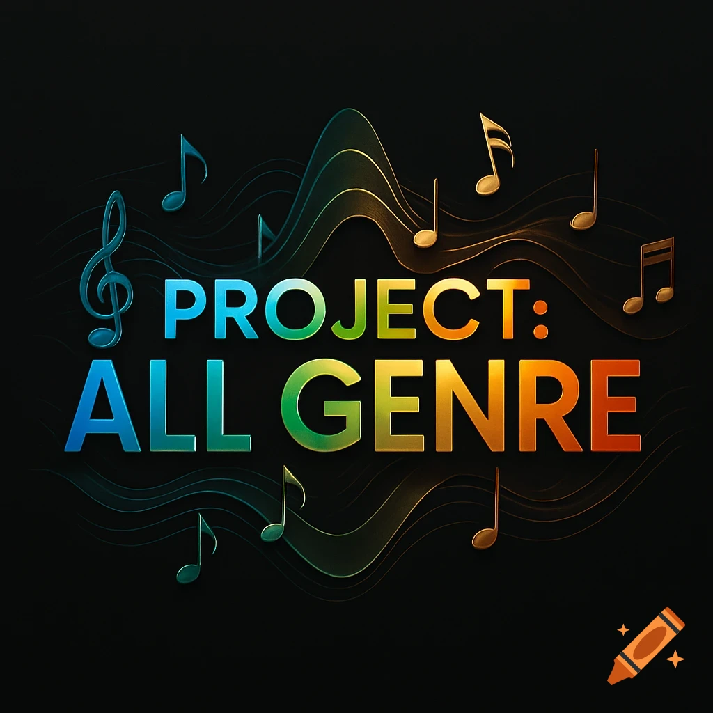 Colorful logo with the text "PROJECT: ALL GENRE" surrounded by musical notes and wavy lines on a black background.