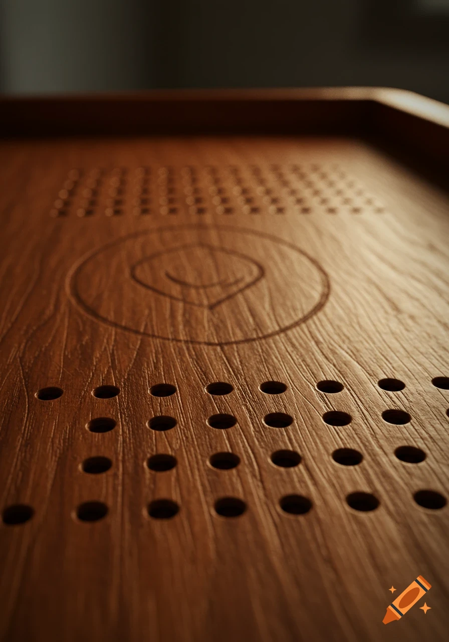 Close-up photorealistic image of a wooden cribbage board with peg holes and an engraved spiral design.
