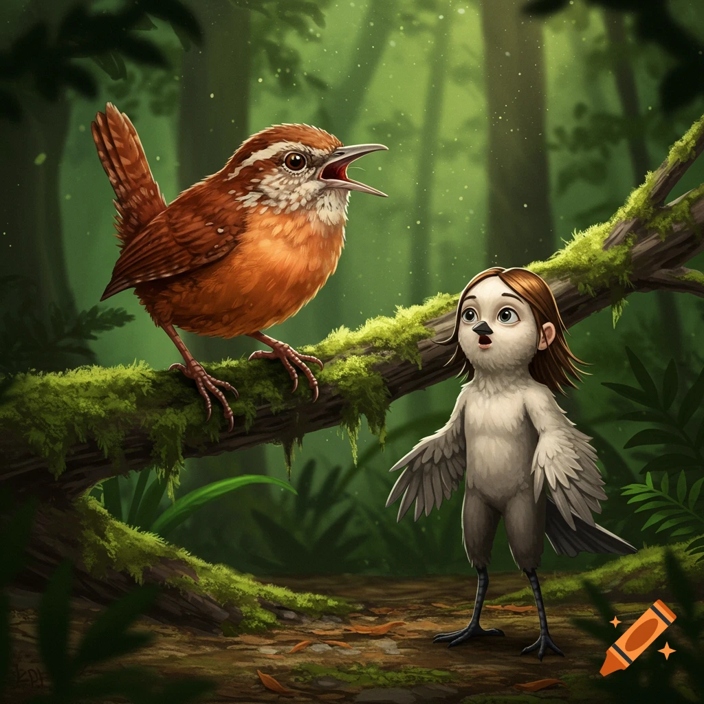An illustrated Carolina Wren on a mossy branch screams at a surprised chickadee-human hybrid standing on the forest floor.