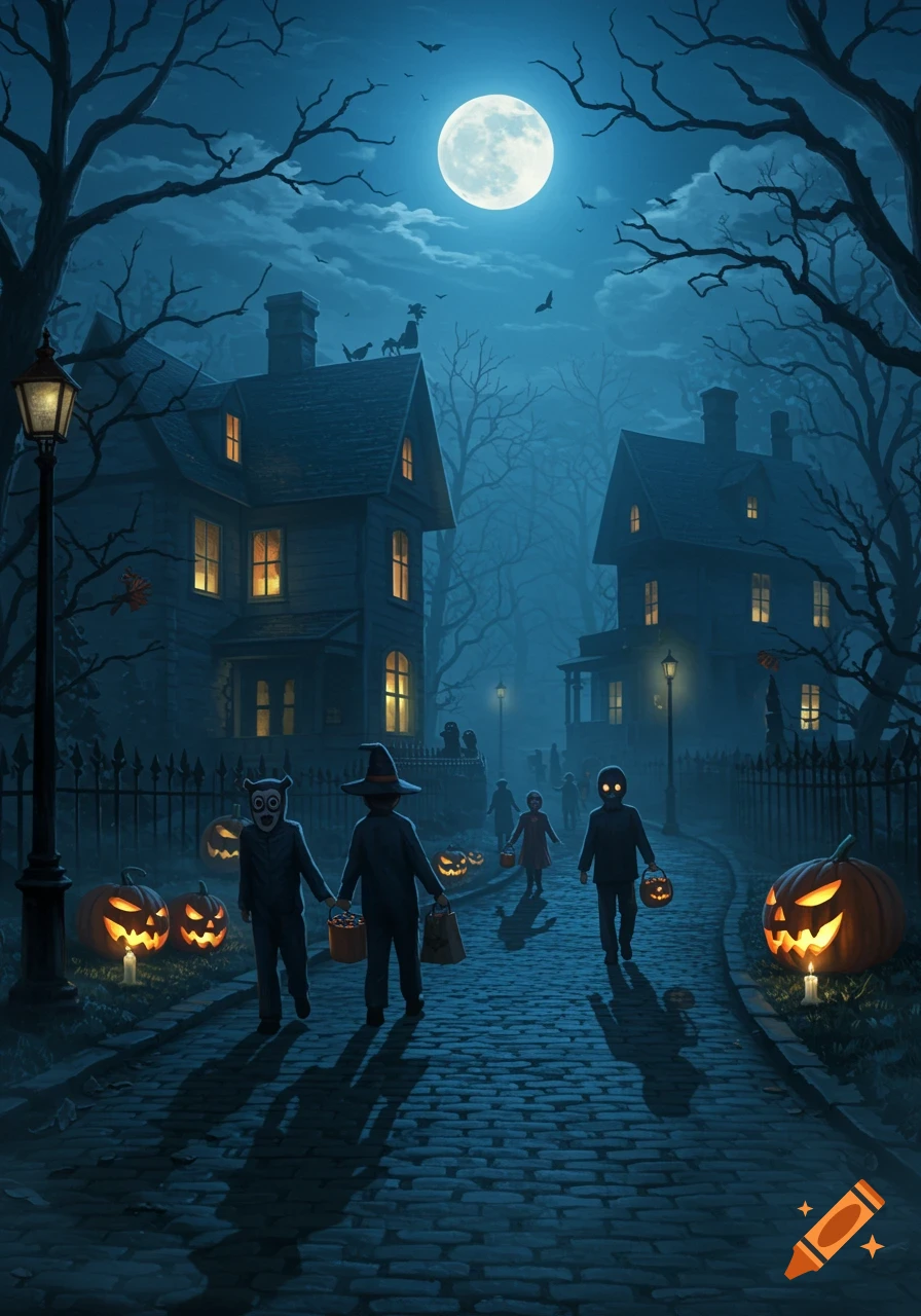 Illustration of trick-or-treaters on a cobblestone street lined with spooky houses and jack-o'-lanterns under a full moon on Halloween night.