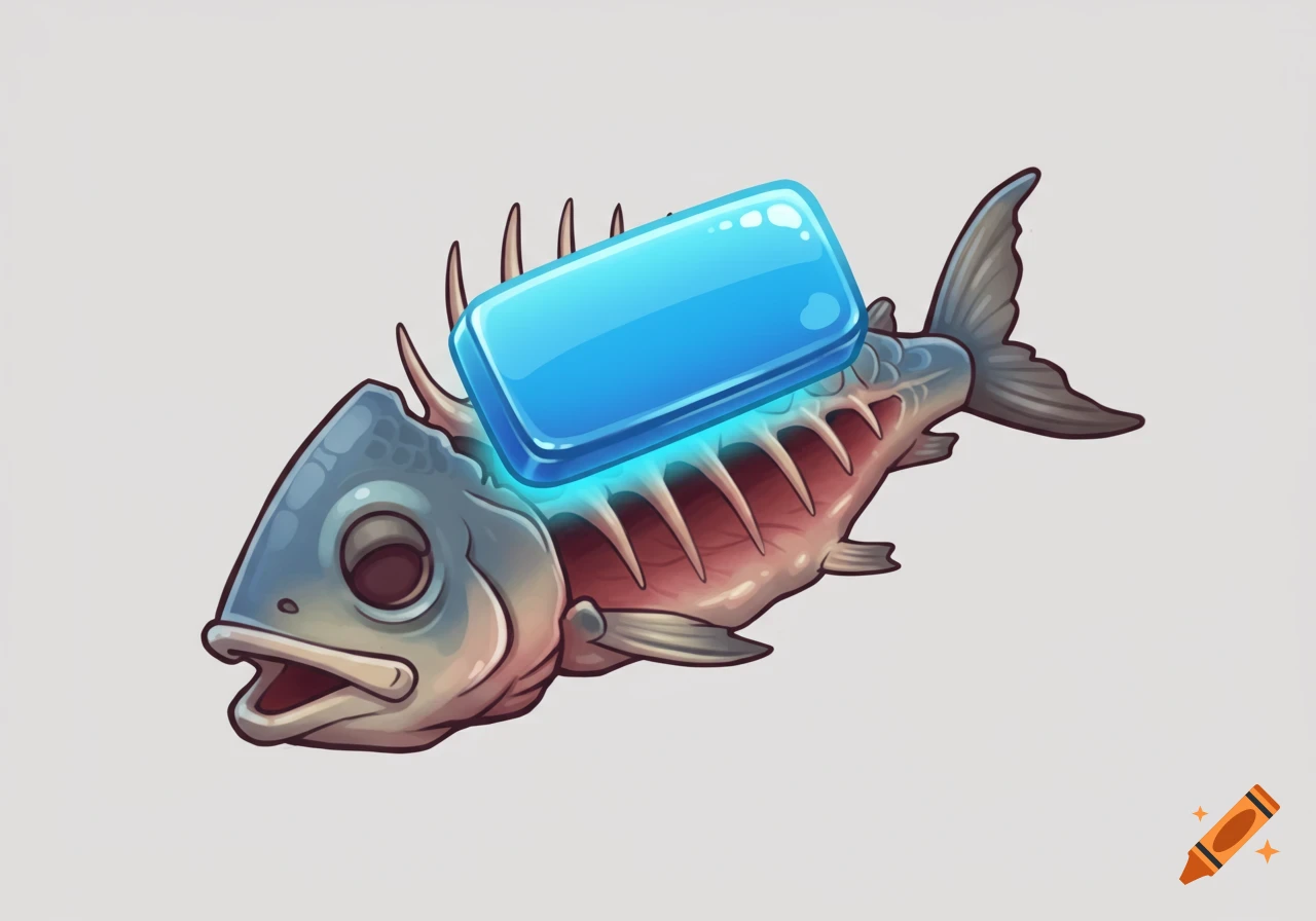 Cartoon-style fish carcass with exposed bones and flesh, with a glowing blue rectangular UI button on its back, no background.