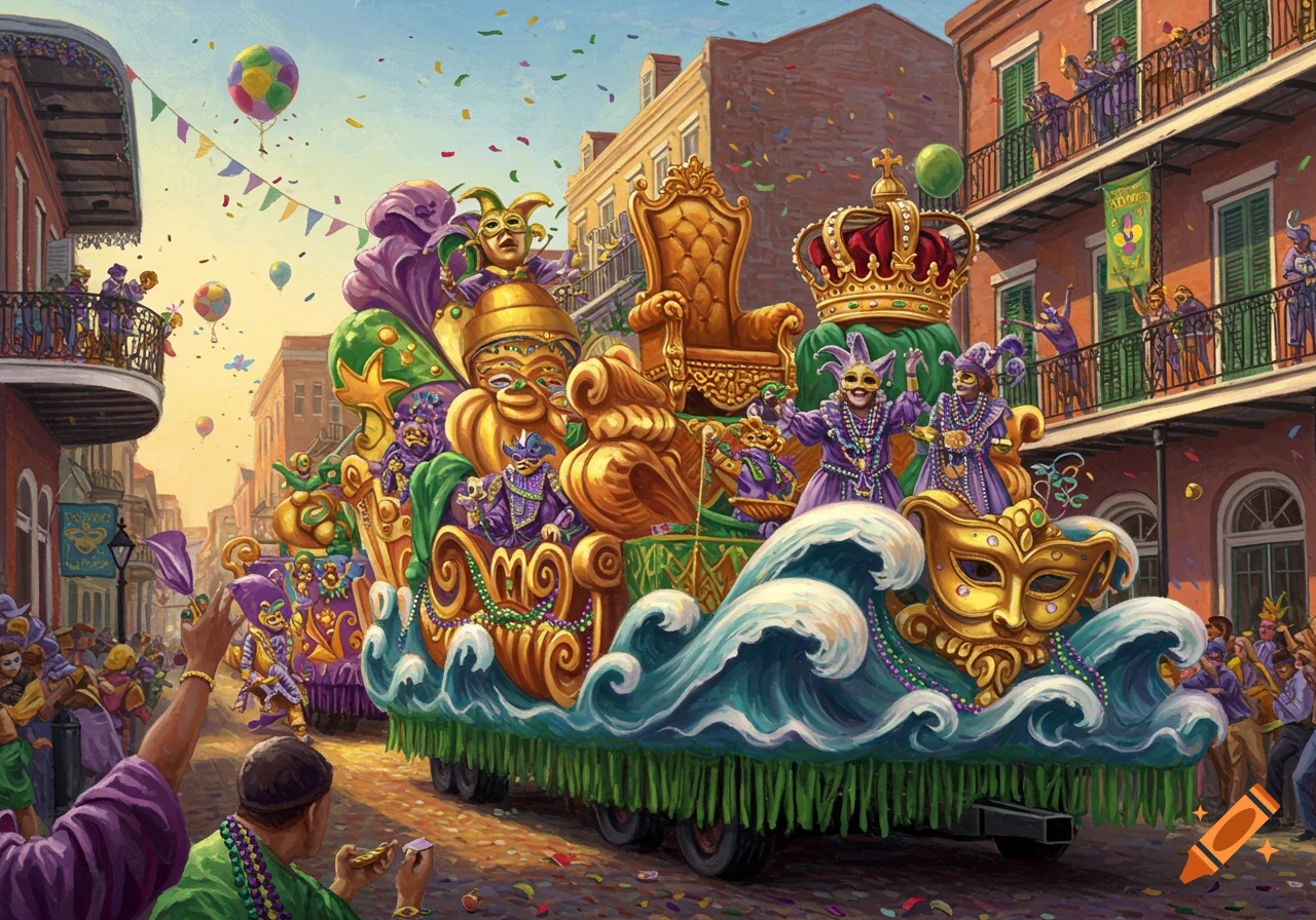Vibrant illustration of a Mardi Gras parade with an ornate float, masked figures, confetti, and celebrating crowds.