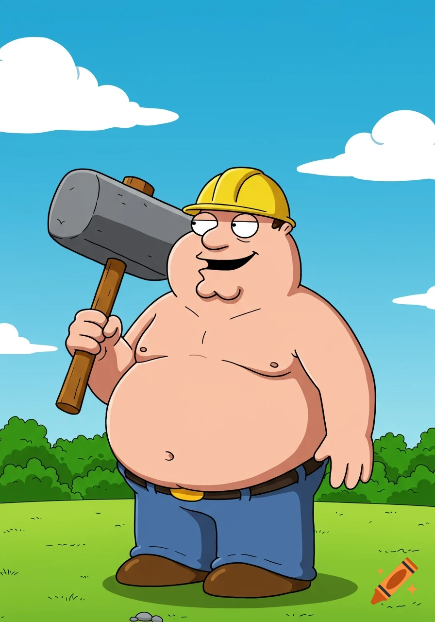 A shirtless, overweight cartoon man resembling Peter Griffin, wearing a yellow hard hat and blue jeans, holds a large hammer in a grassy field.