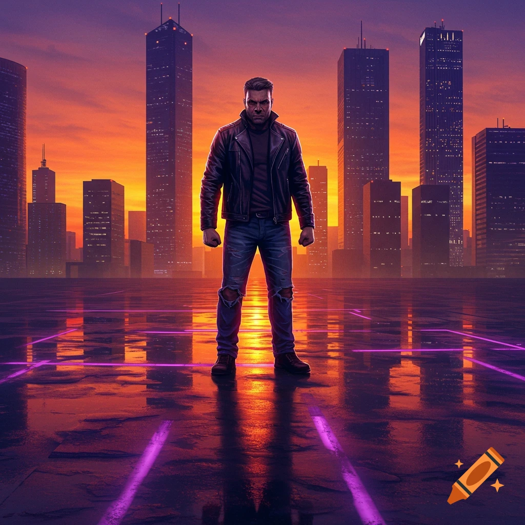 An angry man in a leather jacket stands on a wet, neon-lit ground, backlit by an orange sunset over a cyberpunk city.