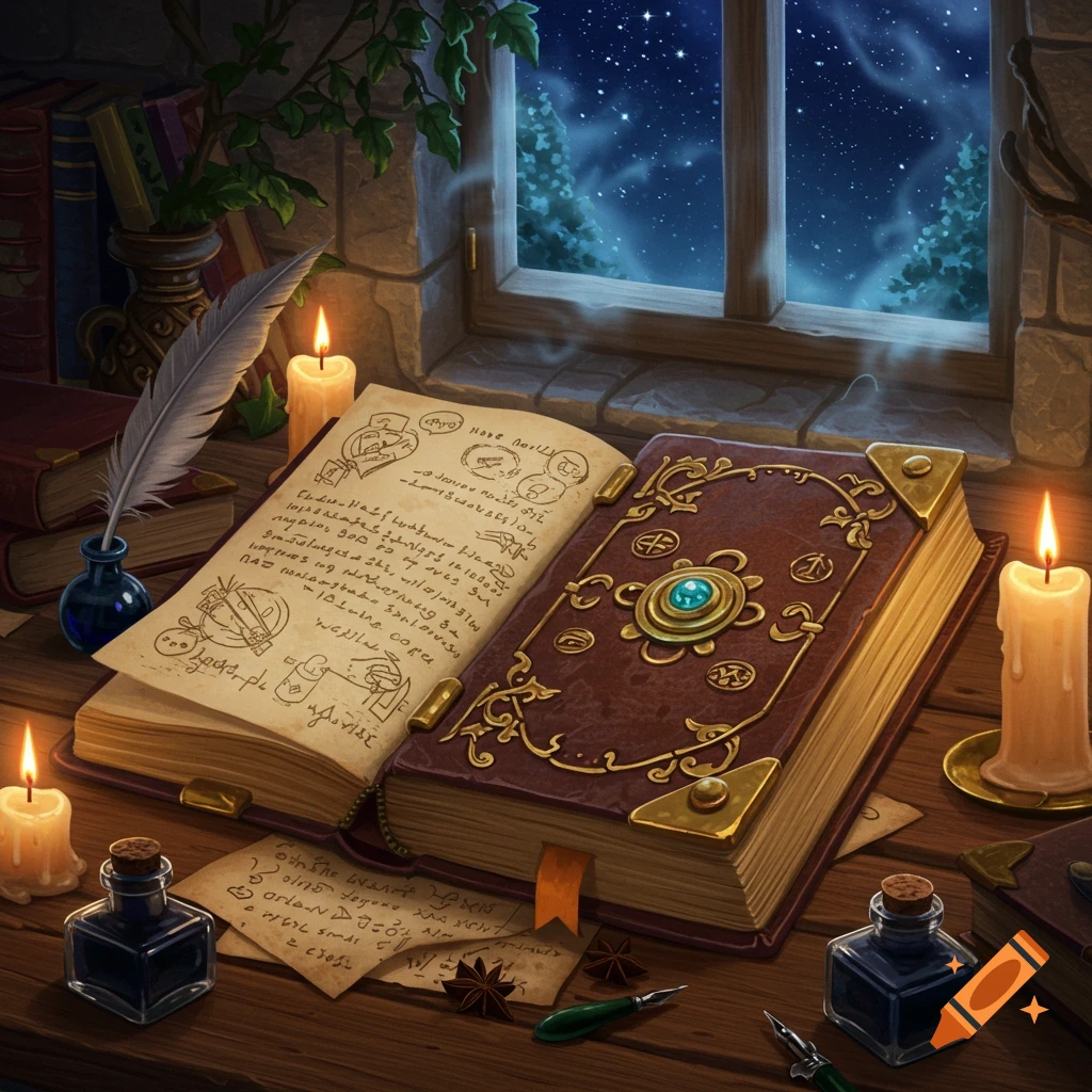 An open, ornate storybook on a wooden desk with a quill, ink, and lit candles, viewed through a window showing a starry night.