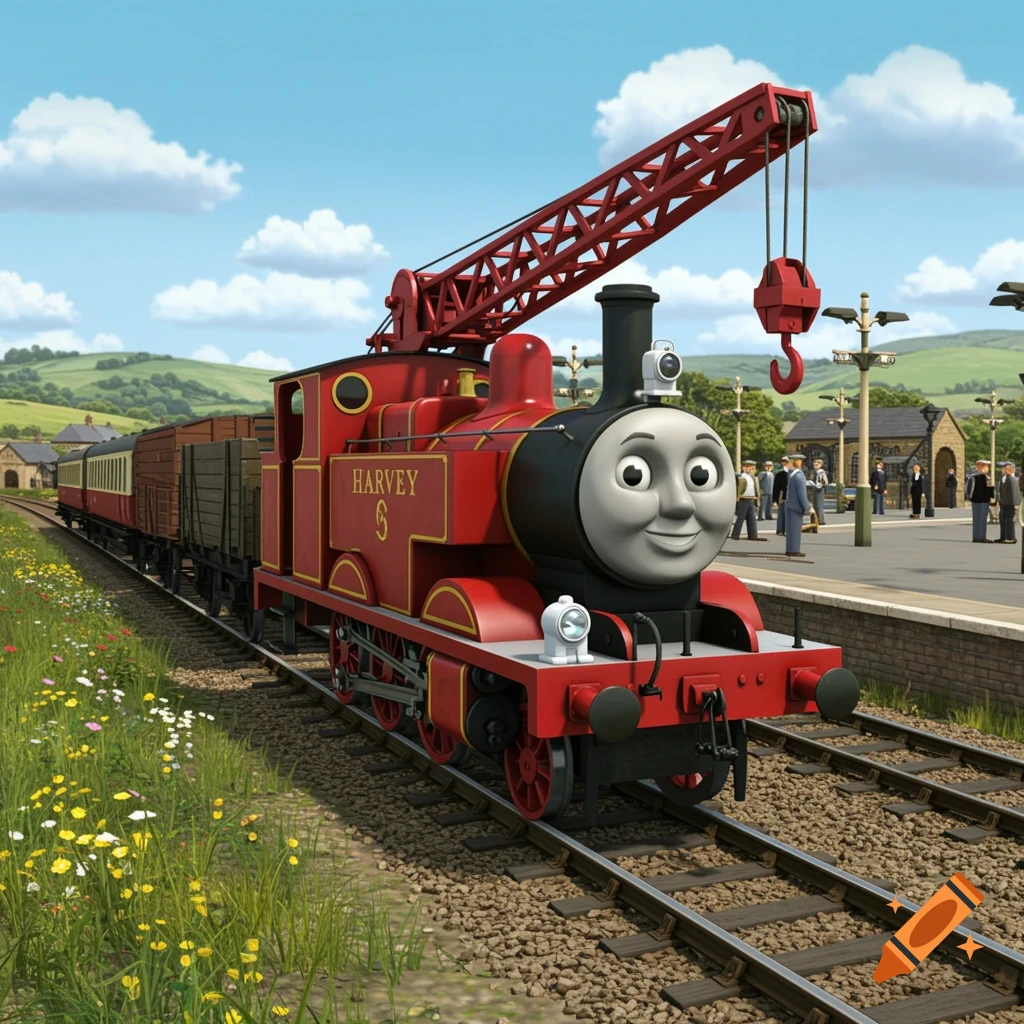 A red crane engine named Harvey, with a friendly face, smiles while pulling cargo cars on train tracks next to a station platform with people, in a bright, animated style.