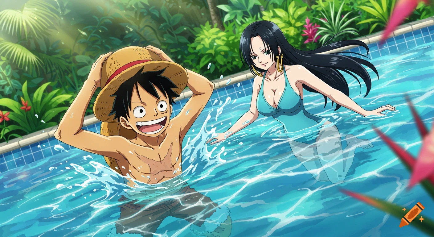 Anime style illustration of Monkey D. Luffy and Boa Hancock swimming and splashing in a tropical pool.