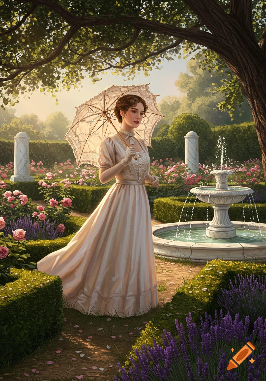 A Victorian lady in a pale dress with an ornate umbrella stands in a lush garden with a fountain and pink and purple flowers.