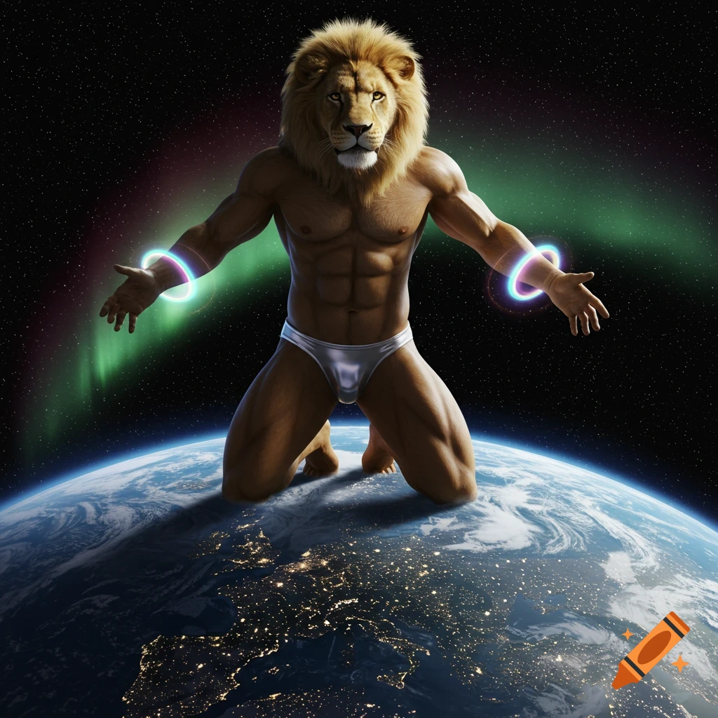 A gigantic, muscular, photorealistic anthropomorphic lion wearing a speedo kneels on Earth, towering into space with aurora lights.