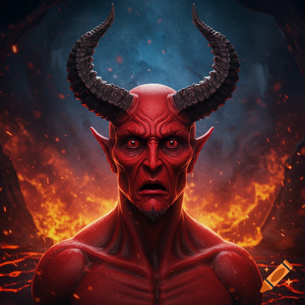 A detailed digital illustration of a red-skinned devil with large horns and glowing red eyes, looking scared against a fiery, smoky background.