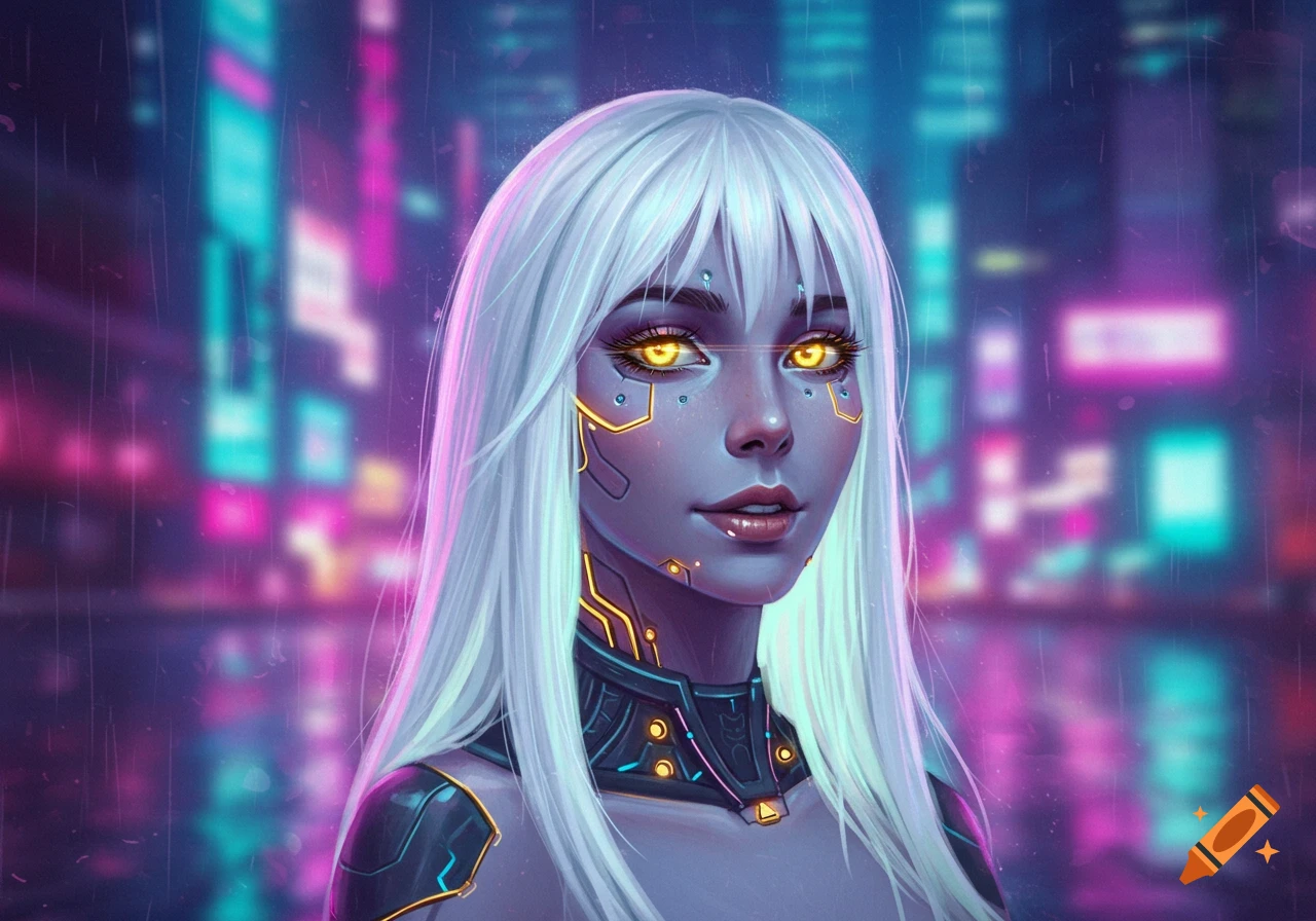 A cyberpunk girl with white hair and glowing gold eyes, against a blurred neon city background.