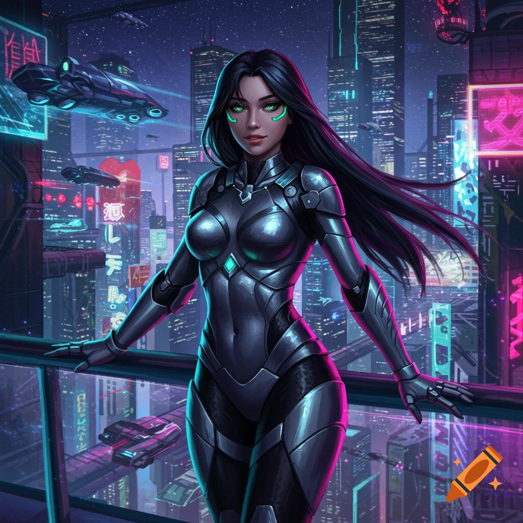 A woman in a futuristic armored suit with glowing green accents stands on a balcony overlooking a neon-lit cyberpunk city with flying vehicles.