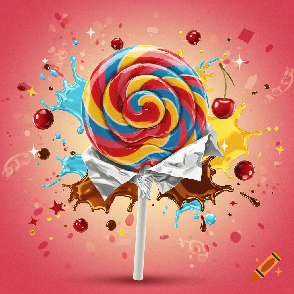 Vibrant swirled lollipop illustration with a white stick, unwrapped foil, splashes of chocolate and blue liquid, cherries, and sprinkles on a pink background.
