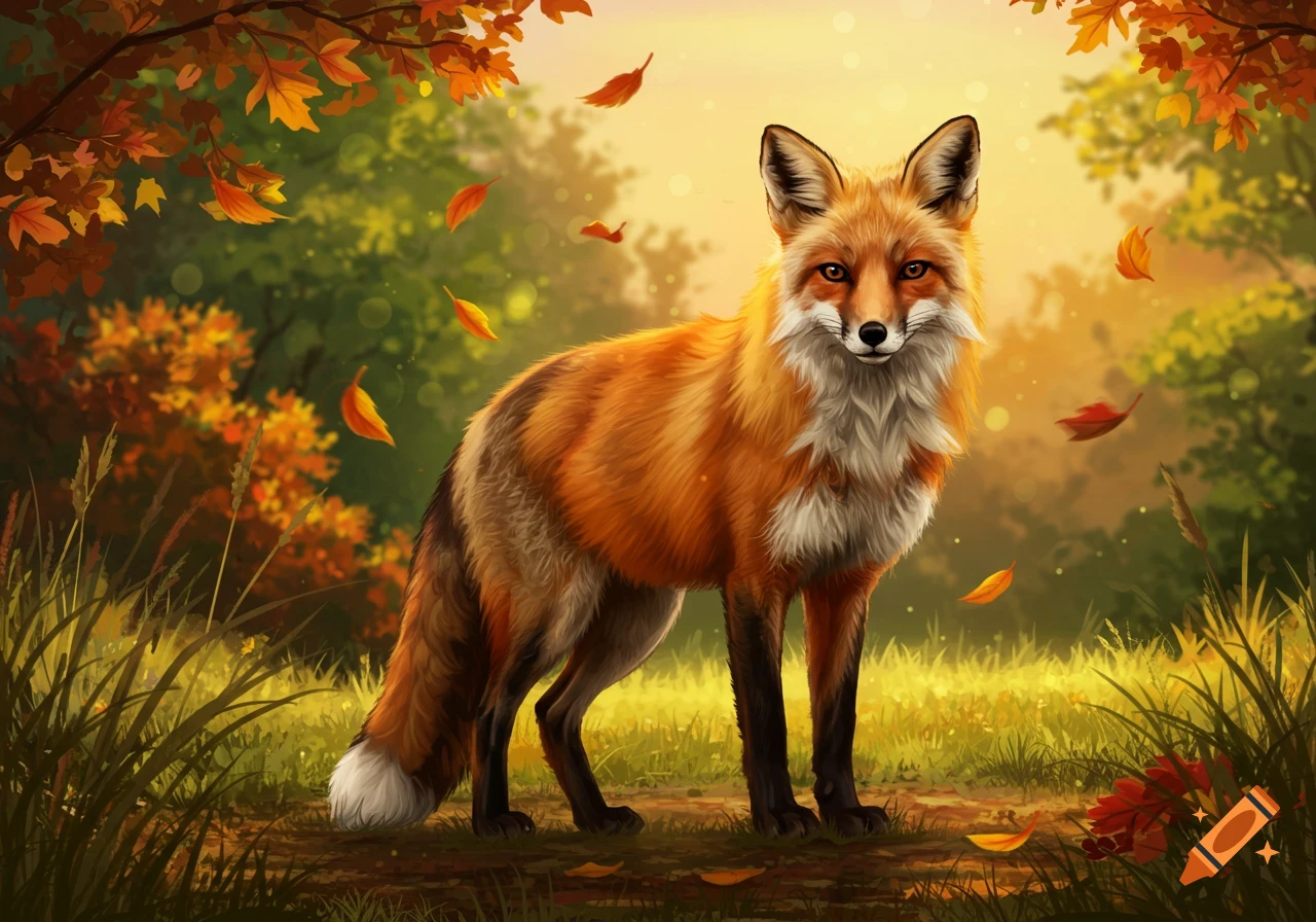 An illustrative depiction of a red fox standing in an autumn forest with falling orange leaves.