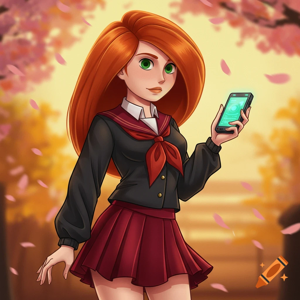 An anime-style girl with long red hair and green eyes, wearing a black school uniform with a red bow and pleated skirt, holds a glowing smartphone amidst falling autumn leaves.