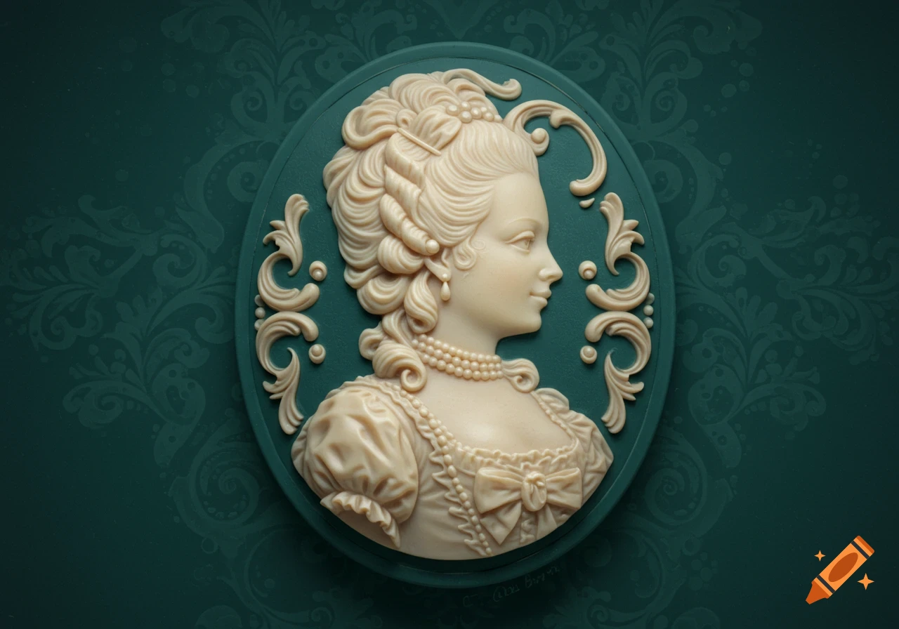 Cream-colored cameo of a woman's profile with an elaborate hairstyle and beaded necklace on a teal background with a damask pattern.