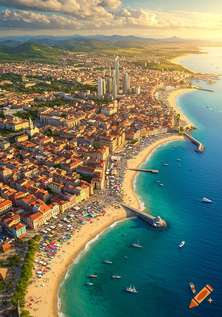 Aerial view of a vibrant coastal city with red-roofed buildings, a bustling beach lined with colorful stalls, and blue ocean, under a sunny sky.