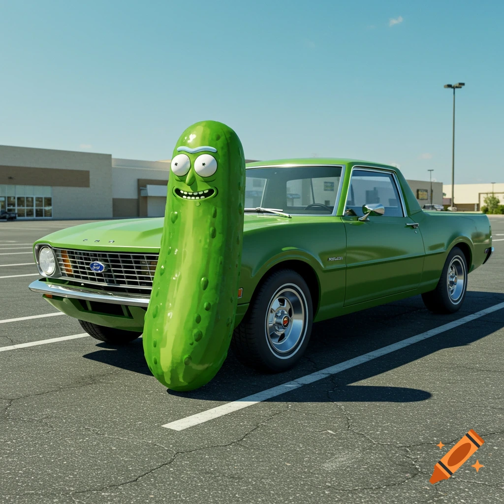 Pickle Rick, a green pickle with a face, leans against a green Ford Maverick pickup truck in a sunny parking lot.