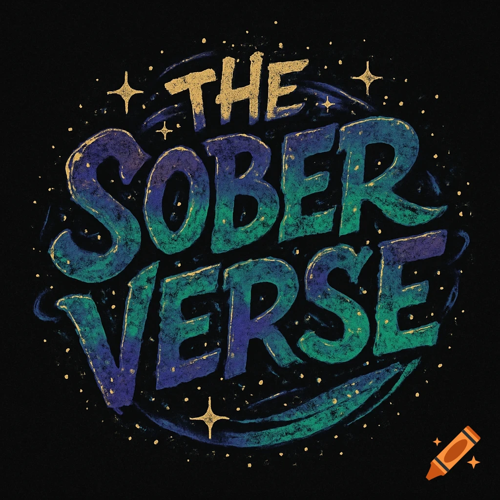 Stylized logo text 'THE SOBER VERSE' in gold, green, and purple, with a distressed, chalky texture, surrounded by celestial elements on a black background.