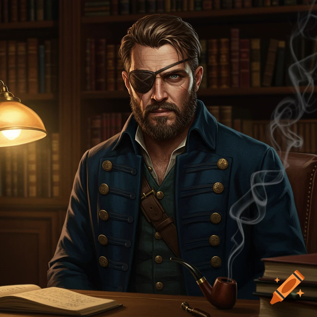 A man with a beard and an eyepatch, wearing a blue, buttoned jacket, sits at a desk with a pipe in a dimly lit library.