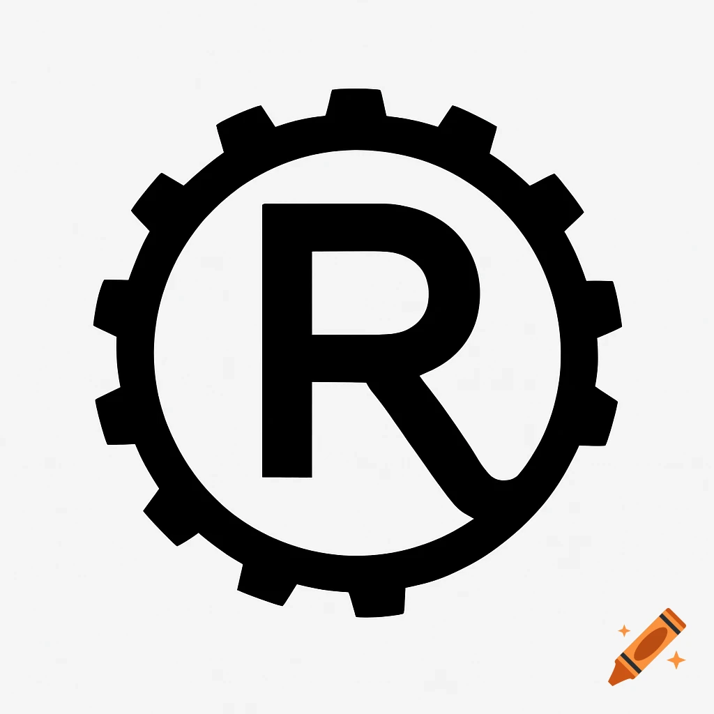 A simple black logo featuring a capital 'R' inside a circular gear design on a white background.