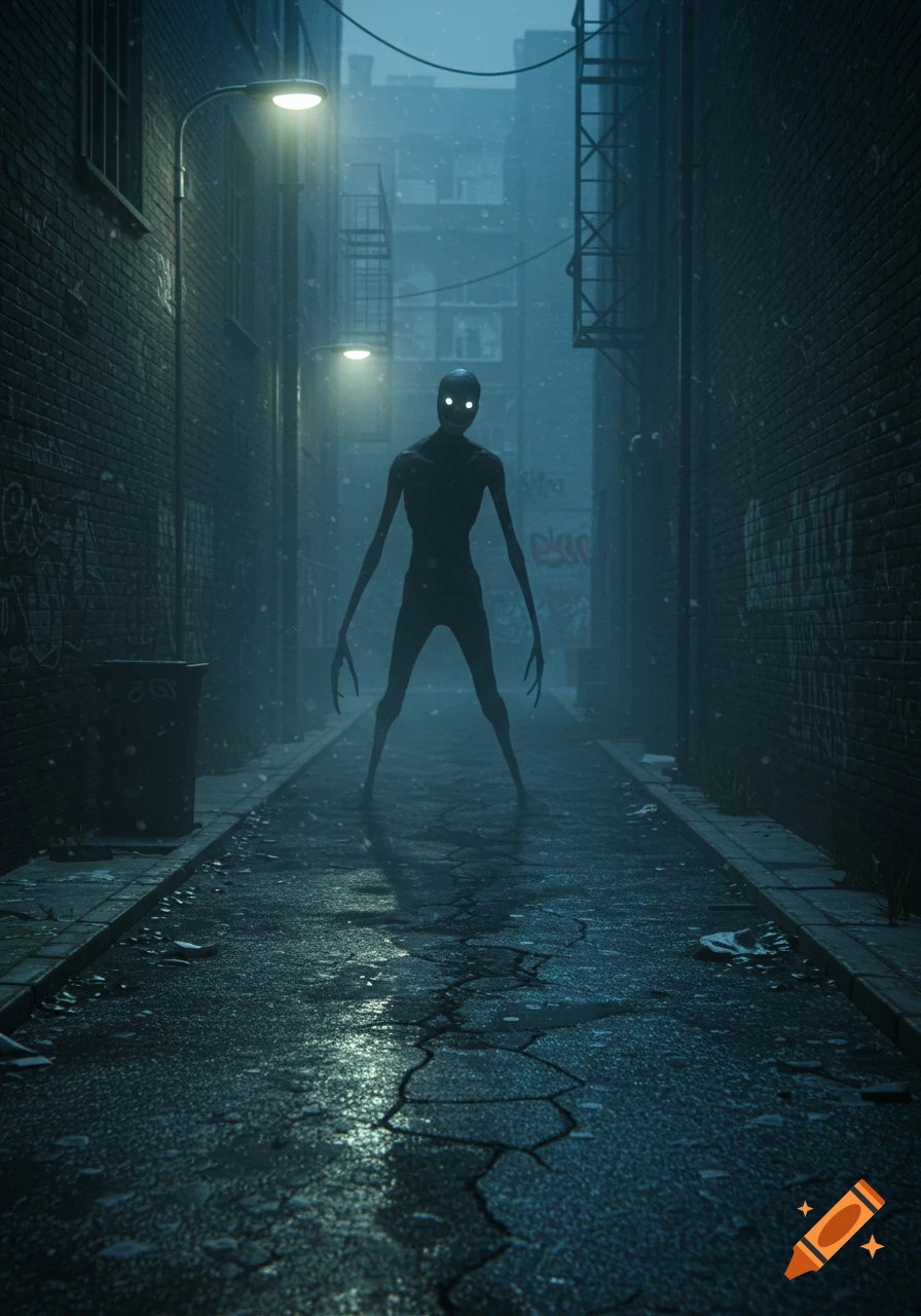 A tall, slender, shadowy creature with glowing eyes stands in a dark, wet alleyway under streetlights.