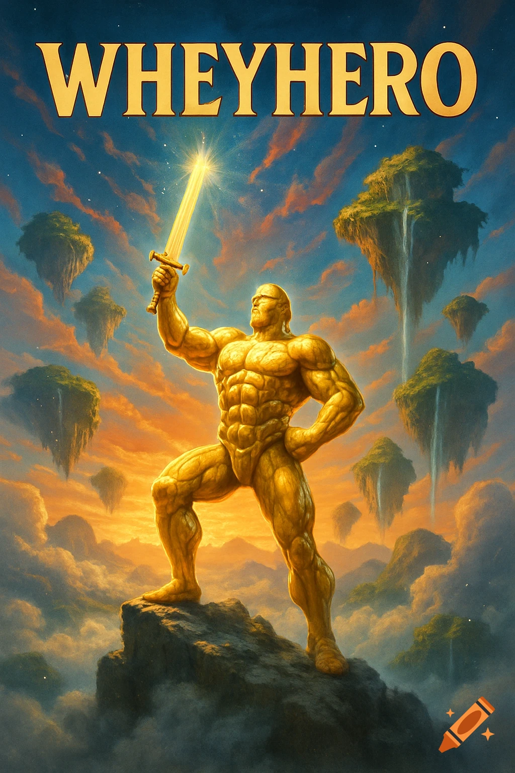 A golden muscular hero stands on a rocky peak holding a glowing sword, with floating islands and a vibrant sunset sky. Digital art.