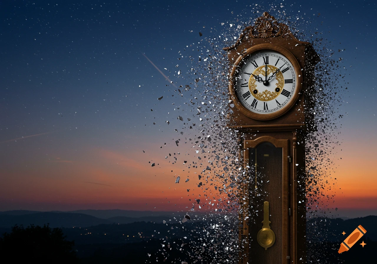 A tall wooden grandfather clock crumbles into small pieces against a vibrant sunset sky over distant mountains.