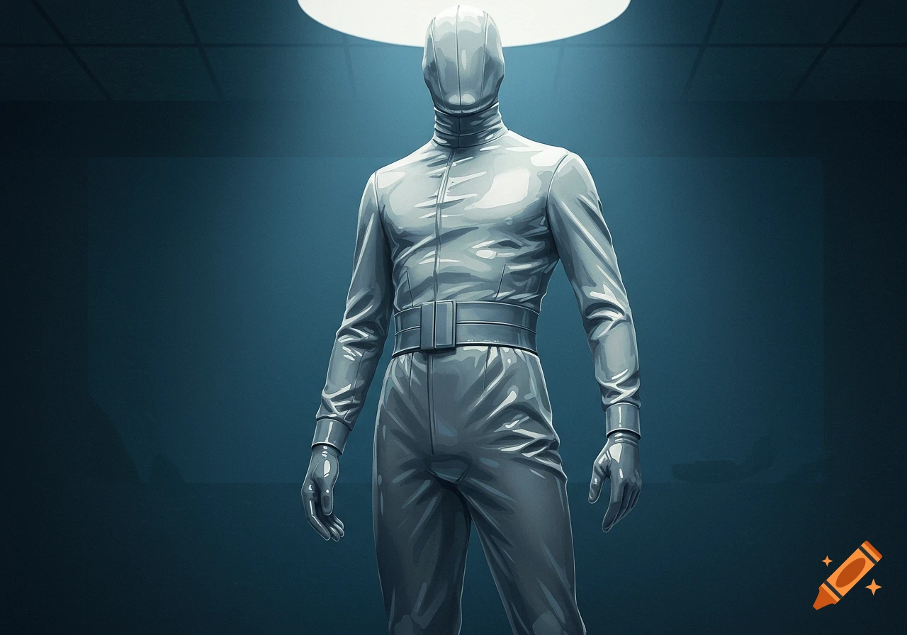 A featureless figure in a reflective white vinyl suit with a belt stands under a spotlight in a dark room.