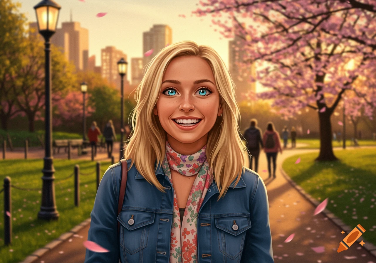 A smiling young blonde woman with bright blue eyes, wearing a denim jacket and floral scarf, stands in a sunny park with cherry blossoms and a city skyline in the background, illustrated in a vibrant, stylized manner.