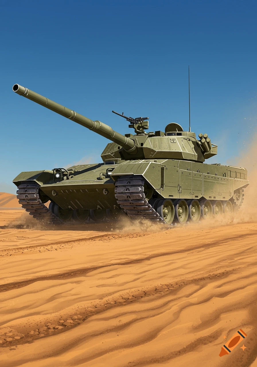 A large, green military tank drives through a sandy desert under a clear blue sky, kicking up dust.