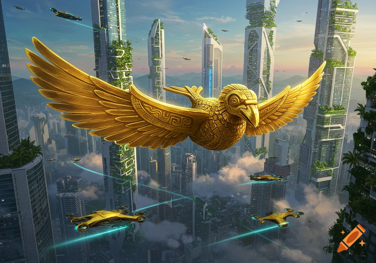 A golden bird artifact soars over a futuristic city with towering skyscrapers and flying vehicles.