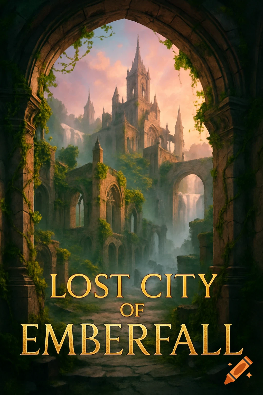 A fantasy book cover depicting an overgrown lost city with a castle and waterfalls in mist, viewed through an arch. Title: 'LOST CITY OF EMBERFALL'.