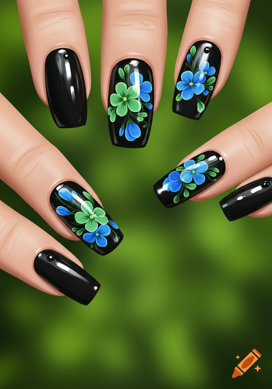 Close-up of fingers with black nails decorated with blue and green flowers, against a blurry green background, in an illustrative style.