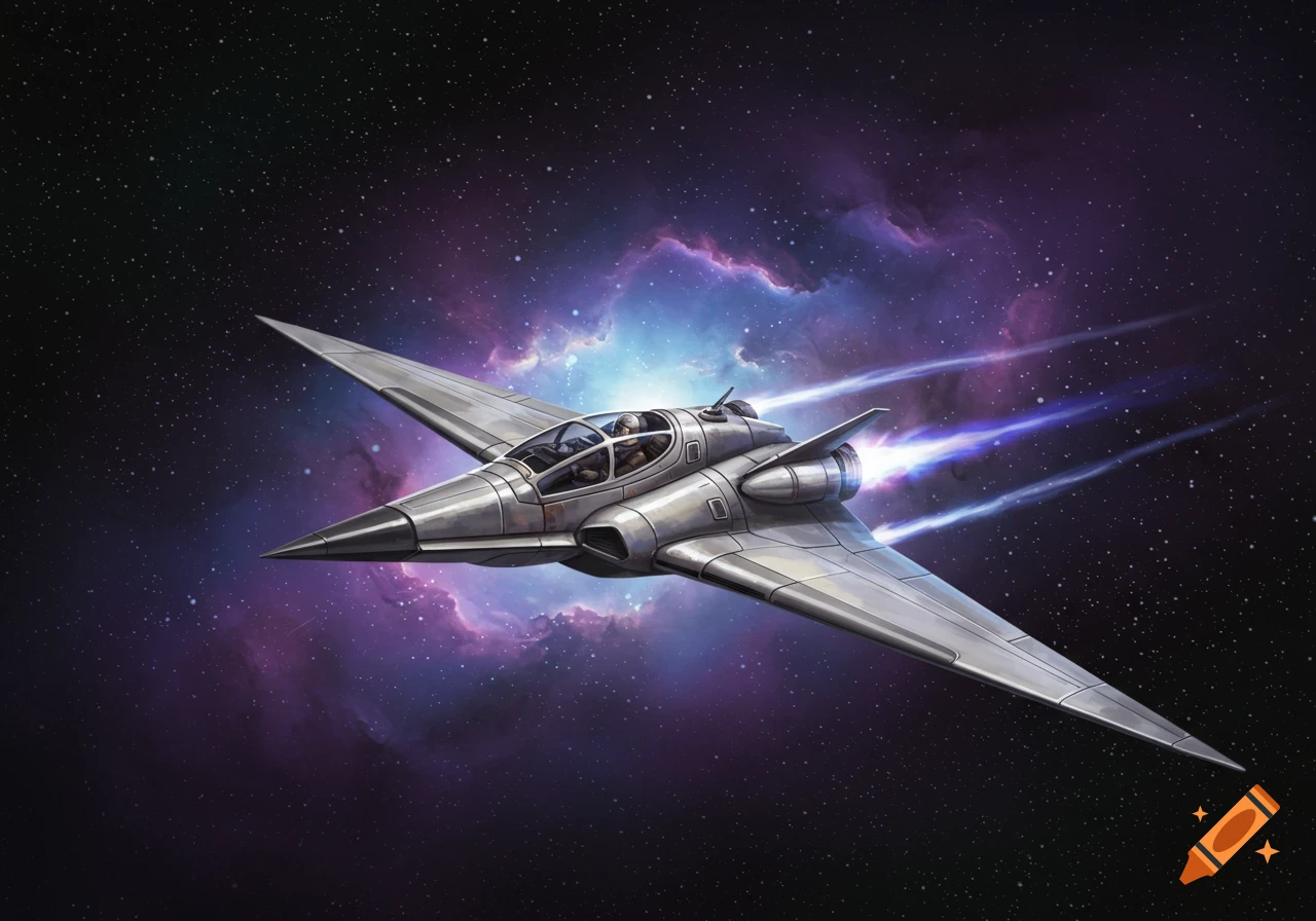 A sleek, silver fighter spacecraft with glowing blue engines flies through a dark, starry space with a vibrant purple and blue nebula.