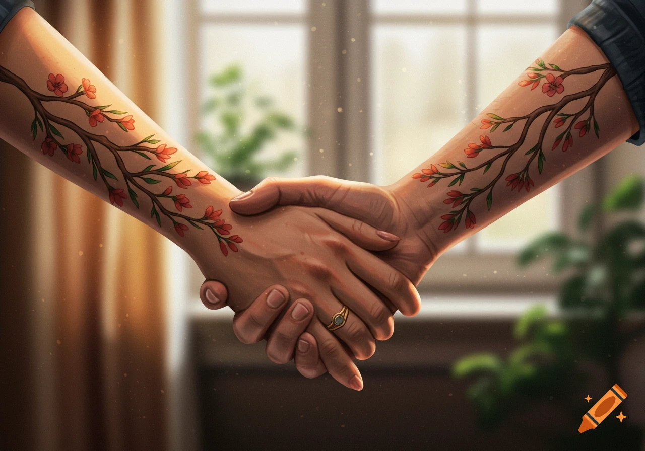 Two hands with matching floral branch tattoos clasping, an engagement ring on one finger, against a softly lit indoor background.