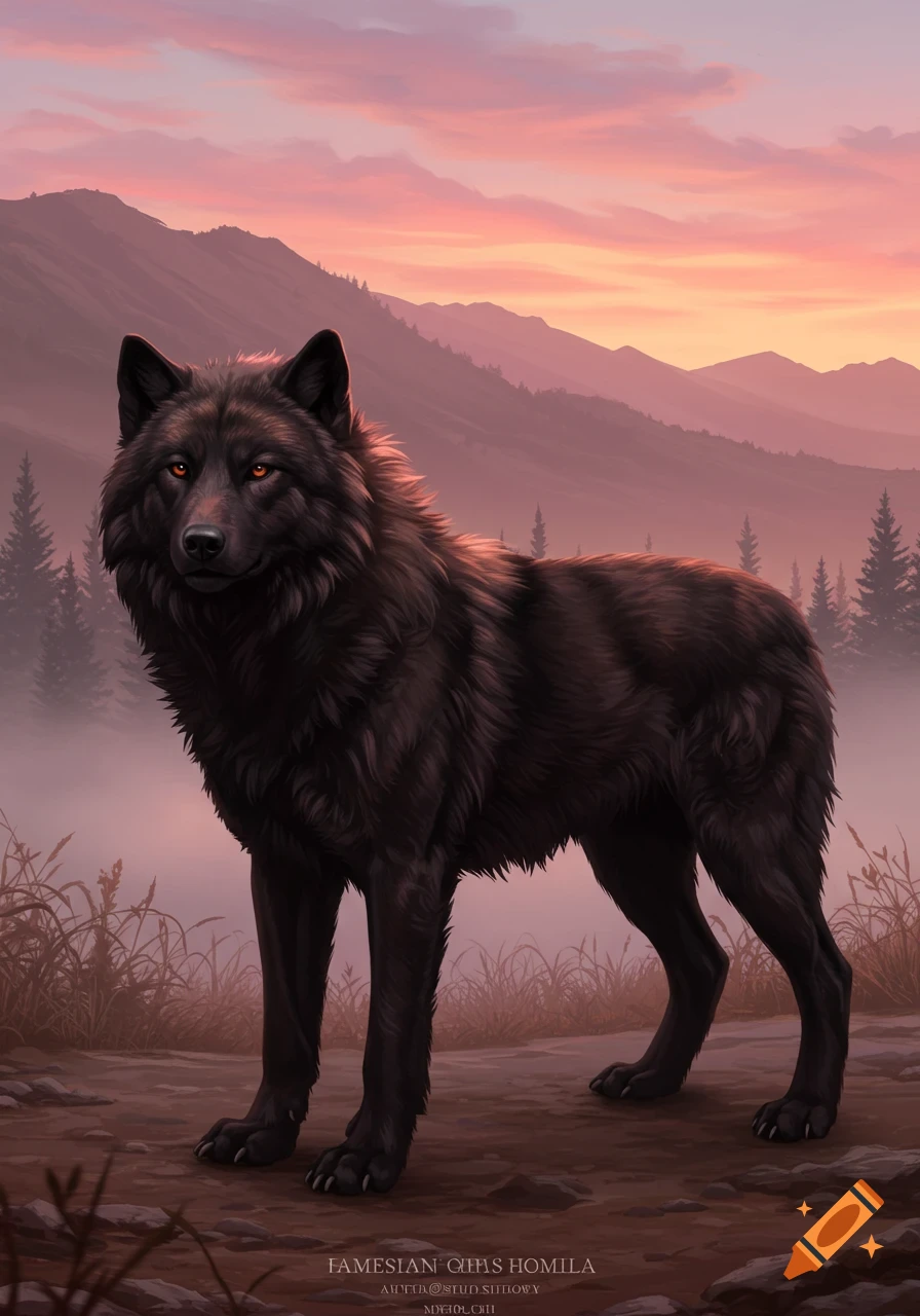 A dark furred wolf with glowing orange eyes stands in a misty mountain landscape at sunset.