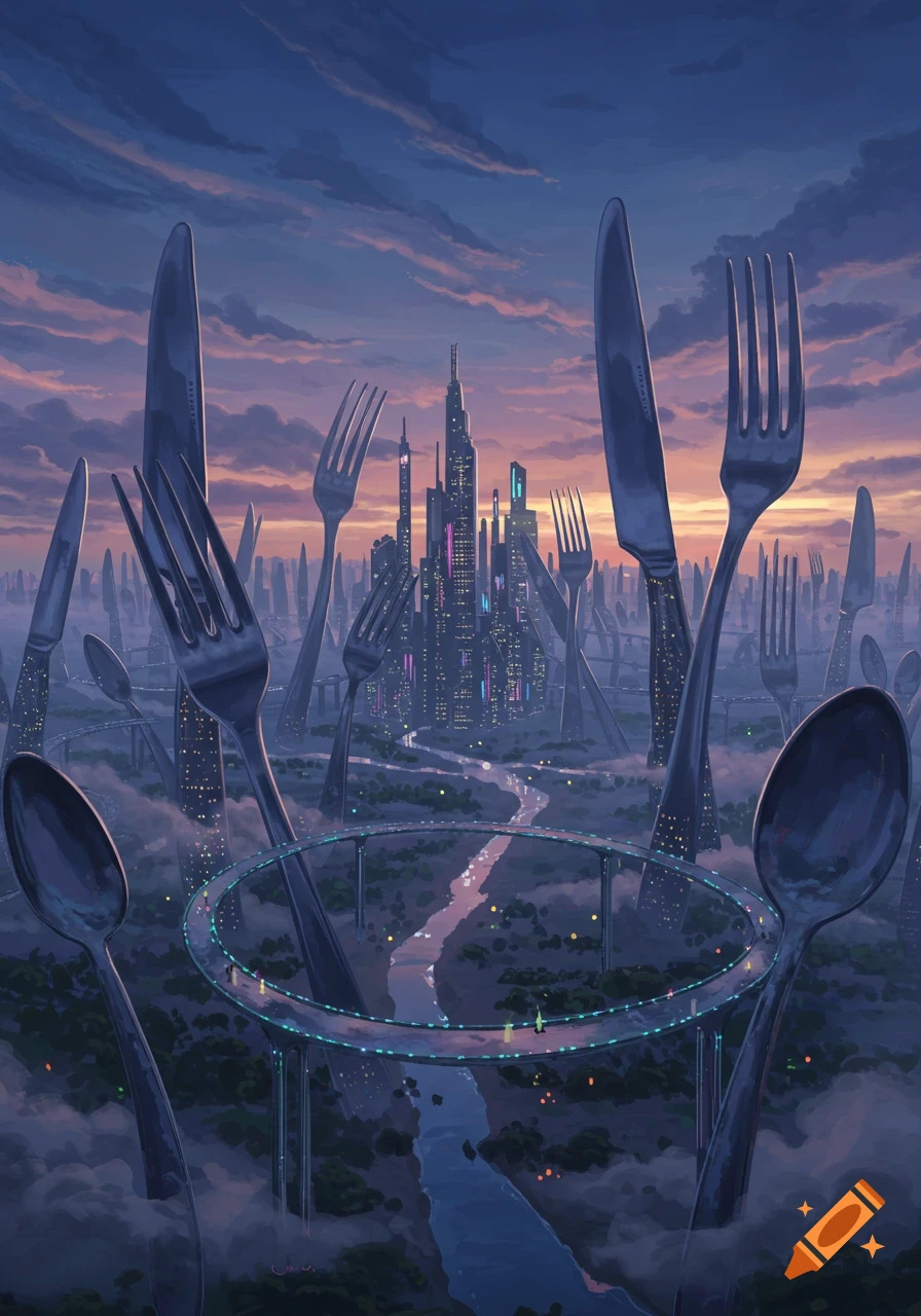 A surreal cityscape at twilight with giant forks, knives, and spoons towering over a futuristic city, river, and glowing circular bridge.