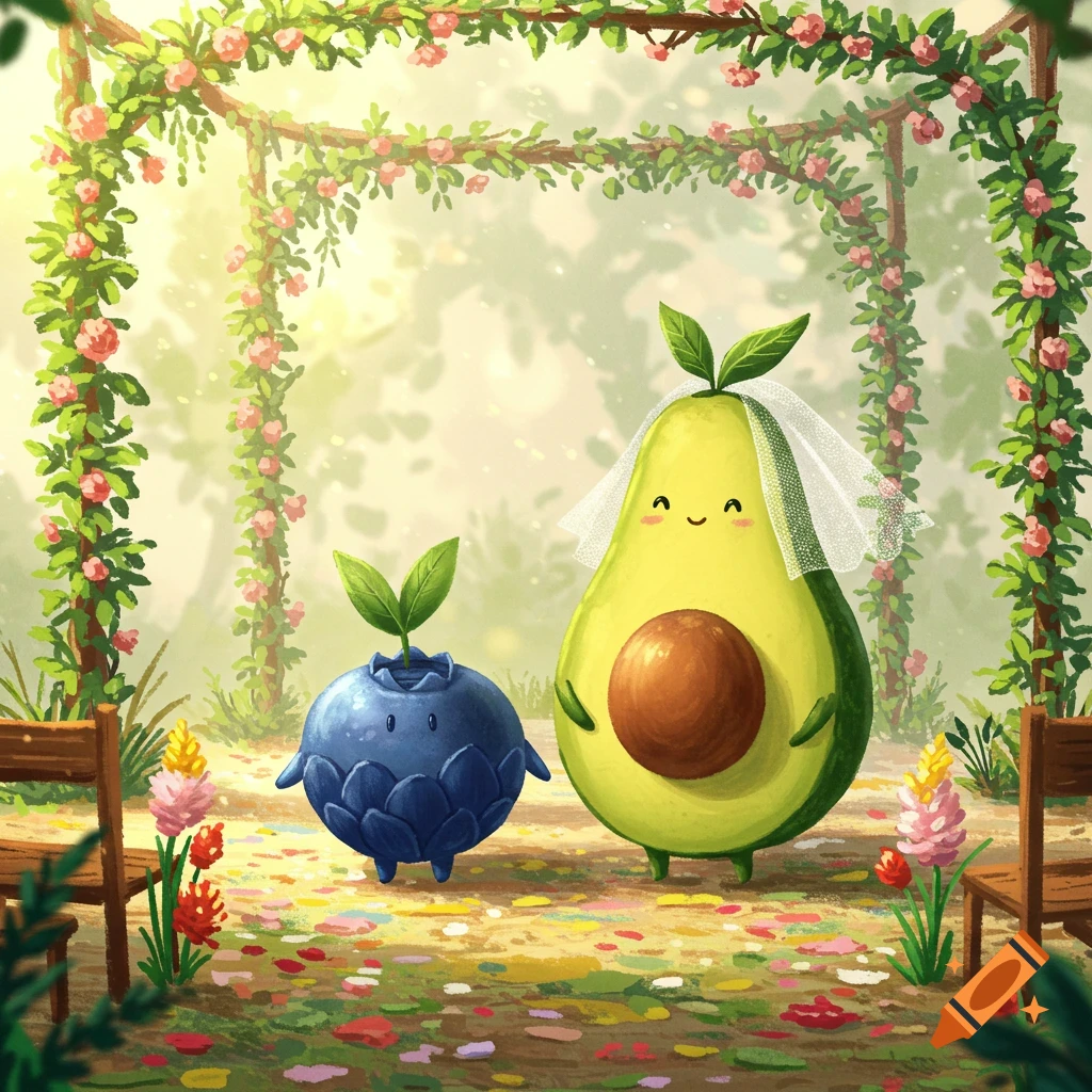 A cute, cartoonish avocado in a wedding veil and a blueberry in a crown stand under a floral arch in a lush garden setting.
