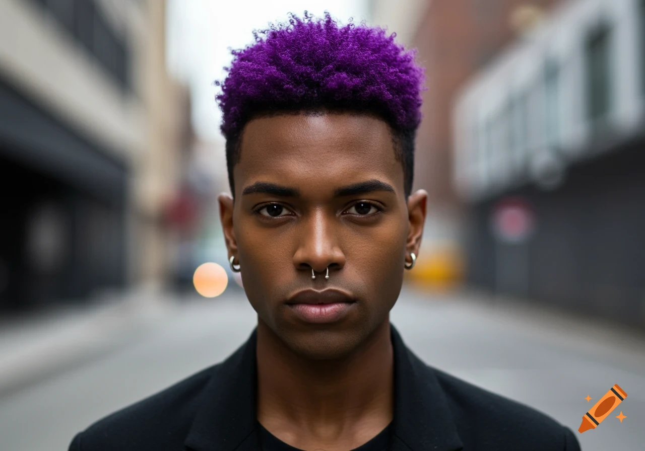 Close-up portrait of a dark-skinned person with vibrant purple curly hair and facial piercings, looking defiantly at the viewer.