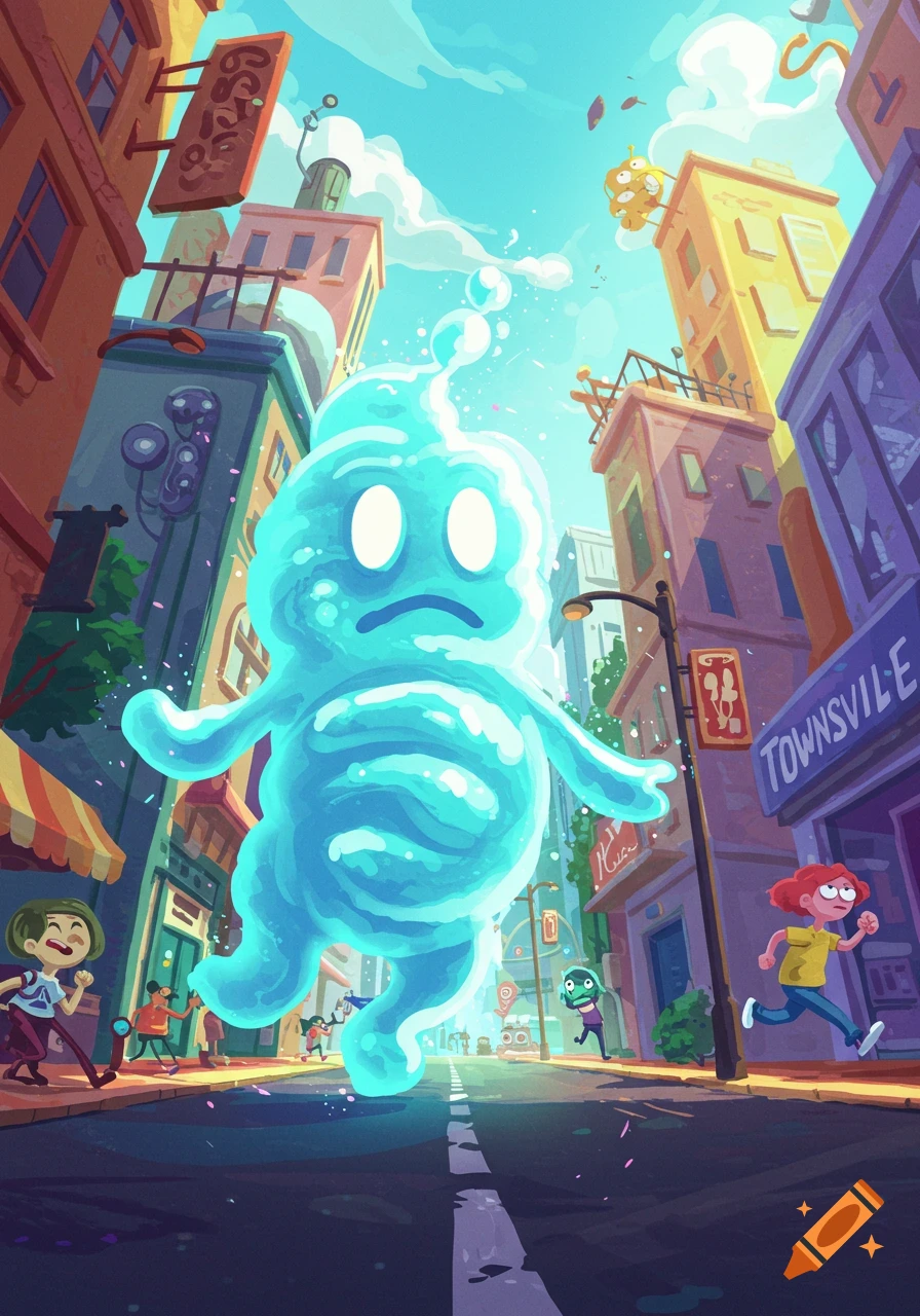 A giant sad, blue, watery creature stands in the middle of a cartoon city street as people run away in a vibrant, low-angle scene.