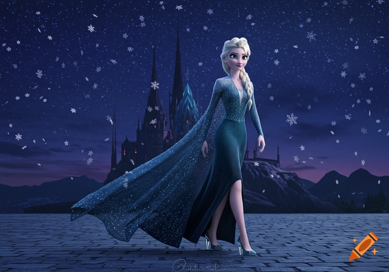 Elsa in a sparkling dark blue dress walks in a castle courtyard on a snowy, starry night, animated style.