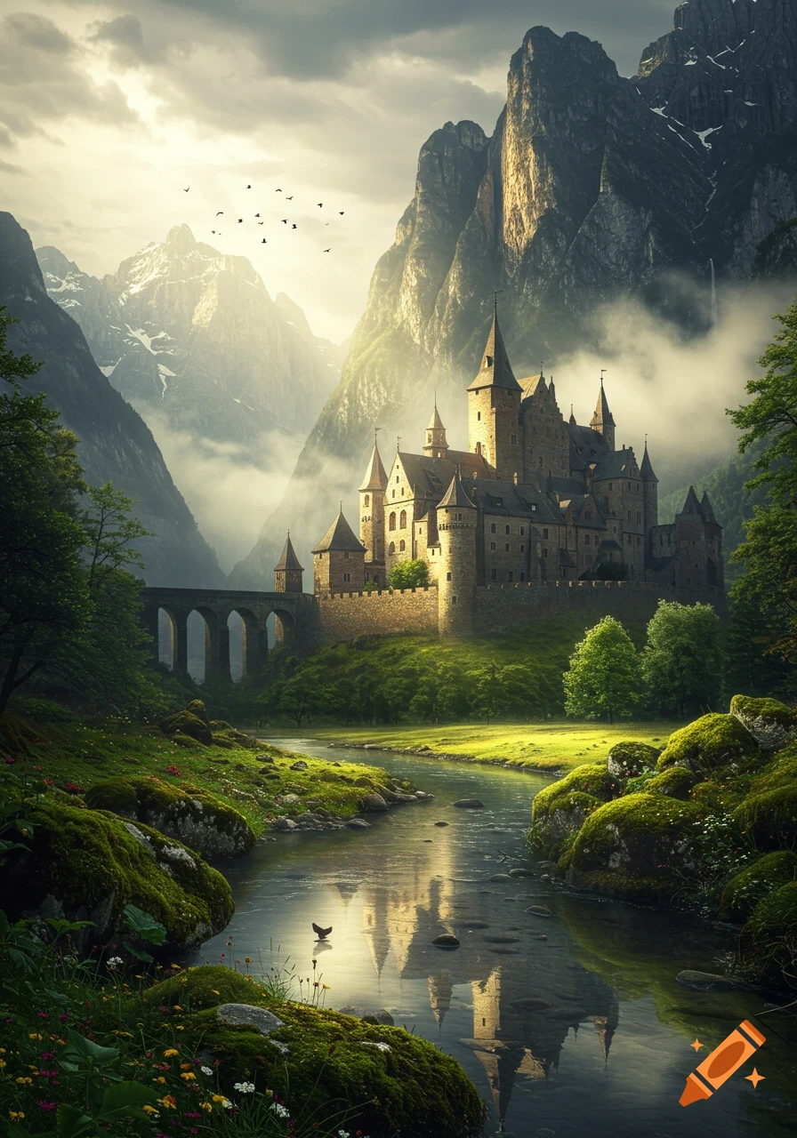 Majestic fantasy castle with a bridge in a misty mountain valley, a river flows reflecting the castle under a bright sky.
