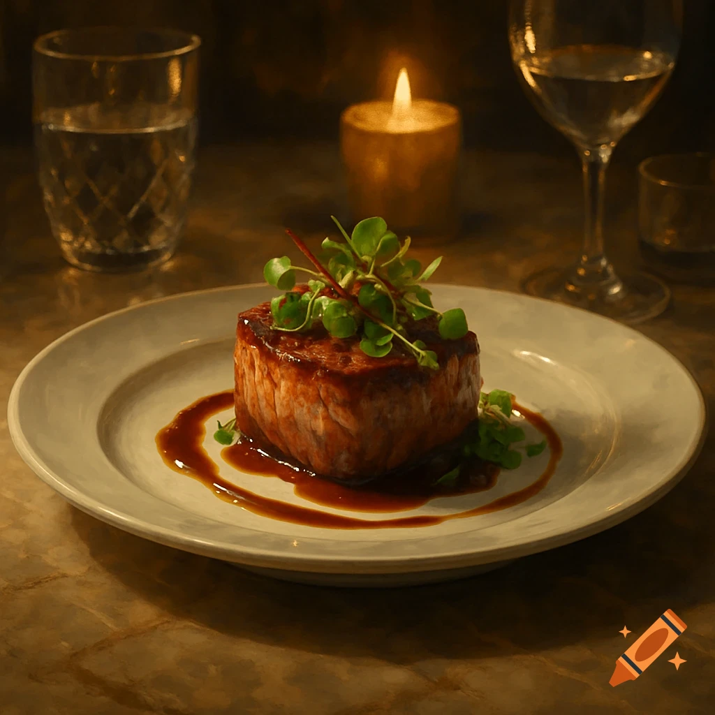 A perfectly cooked steak entree garnished with greens and sauce, served on a white plate in a candlelit fine dining setting.