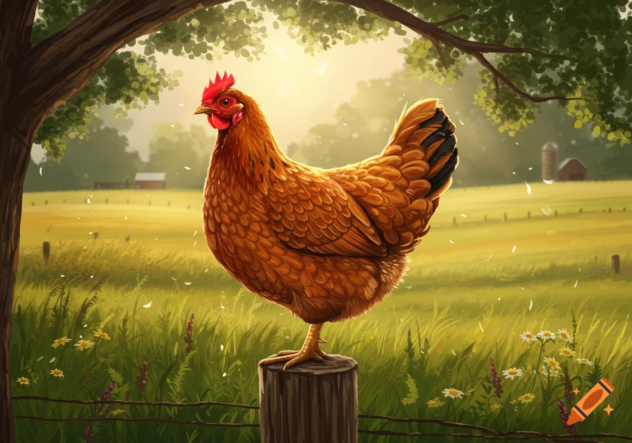 A vibrant brown hen stands on a wooden post in a sunny farm field with green trees and distant farm buildings. Illustrated style.