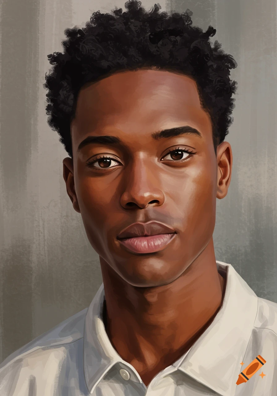 A digital painting of a handsome young African American man with dark, curly hair, dark brown eyes, and full lips, looking directly at the viewer.